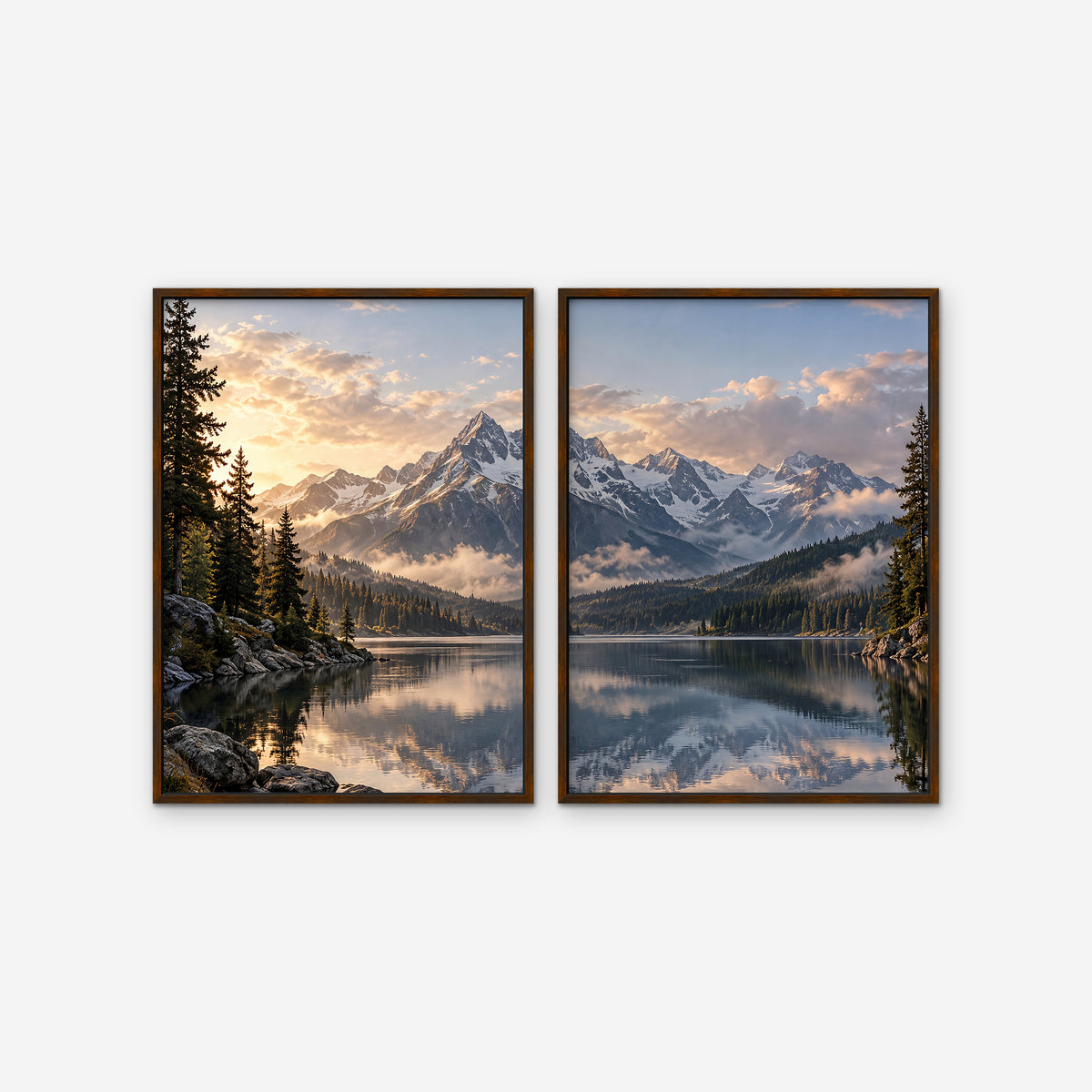 Alpine Reflections Canvas Art - Set of 2 – Walnut Floating Frame on white background