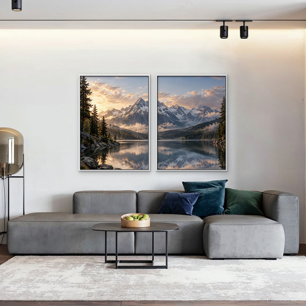 Alpine Reflections Canvas Art - Set of 2 – White Floating Frame in room setting