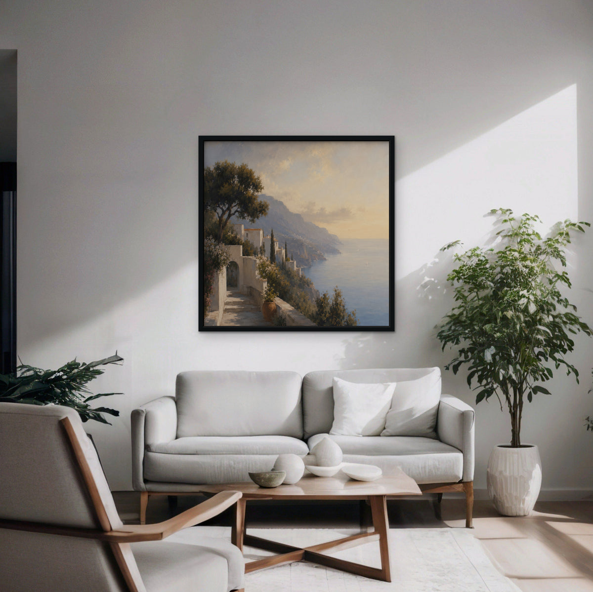 Amalfi Coast Path Canvas Art – square Amalfi coast landscape print in a black floating frame in a modern living room