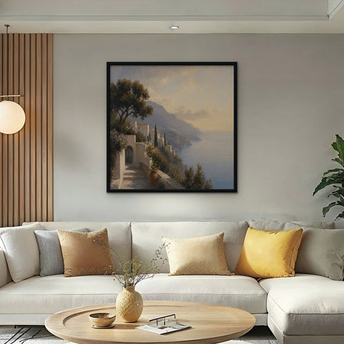 Amalfi Coast Path Canvas Art – square Amalfi coast landscape print in a black floating frame in a bright living room