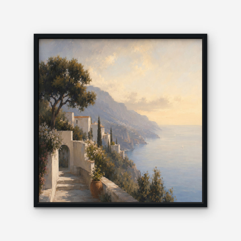 Amalfi Coast Path Canvas Art – square Amalfi coast landscape print in a black floating frame on a white background