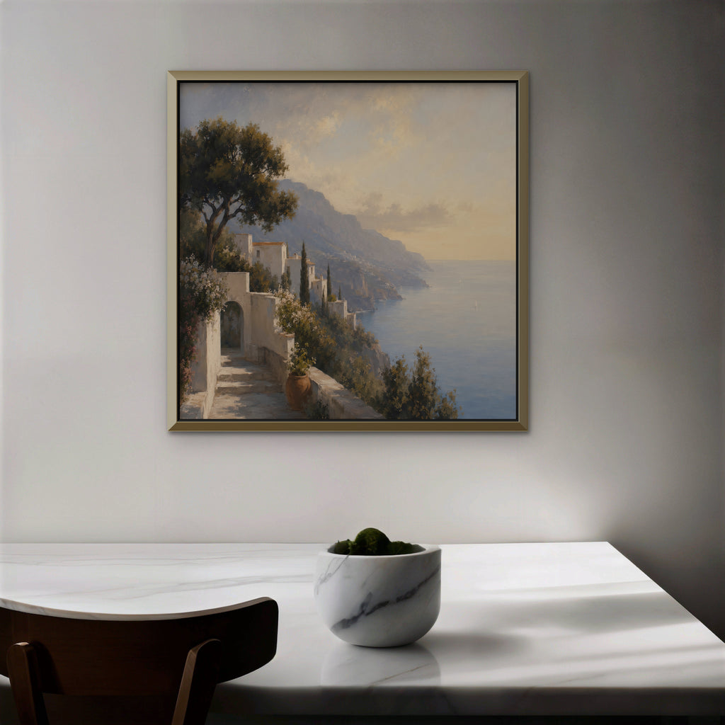 Amalfi Coast Path Canvas Art – square Amalfi coast landscape print in a gold floating frame in a dining room