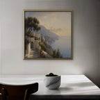 Amalfi Coast Path Canvas Art – square Amalfi coast landscape print in a gold floating frame in a dining room