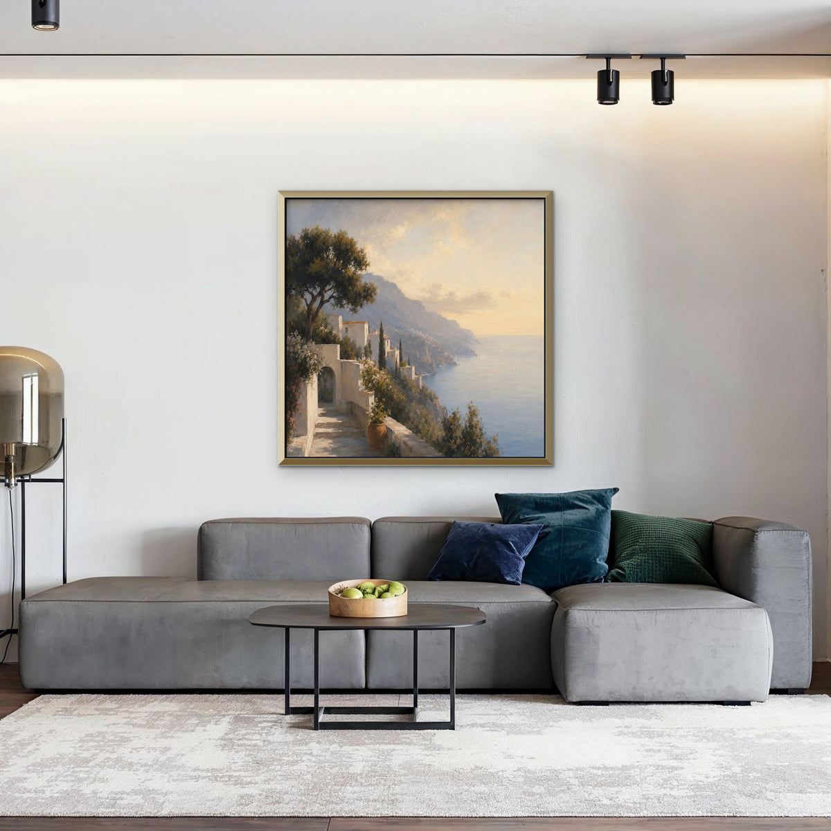 Amalfi Coast Path Canvas Art – square Amalfi coast landscape print in a gold floating frame in a living room with charcoal accents