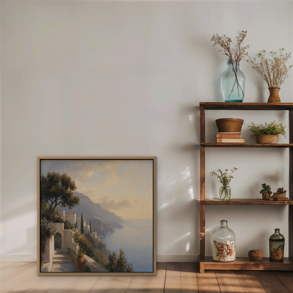 Amalfi Coast Path Canvas Art – square Amalfi coast landscape print in an oak floating frame styled on a shelf