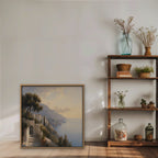 Amalfi Coast Path Canvas Art – square Amalfi coast landscape print in an oak floating frame styled on a shelf