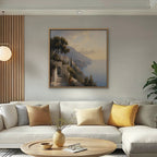 Amalfi Coast Path Canvas Art – square Amalfi coast landscape print in an oak floating frame in a bright living room