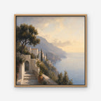 Amalfi Coast Path Canvas Art – square Amalfi coast landscape print in an oak floating frame on a white background