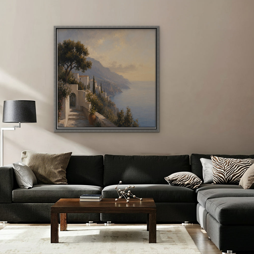 Amalfi Coast Path Canvas Art - Square – Silver Floating Frame in room setting