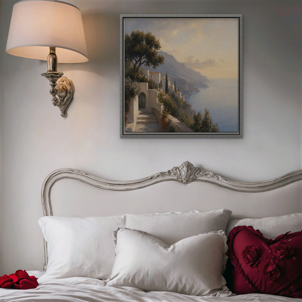 Amalfi Coast Path Canvas Art - Square – Silver Floating Frame in room setting