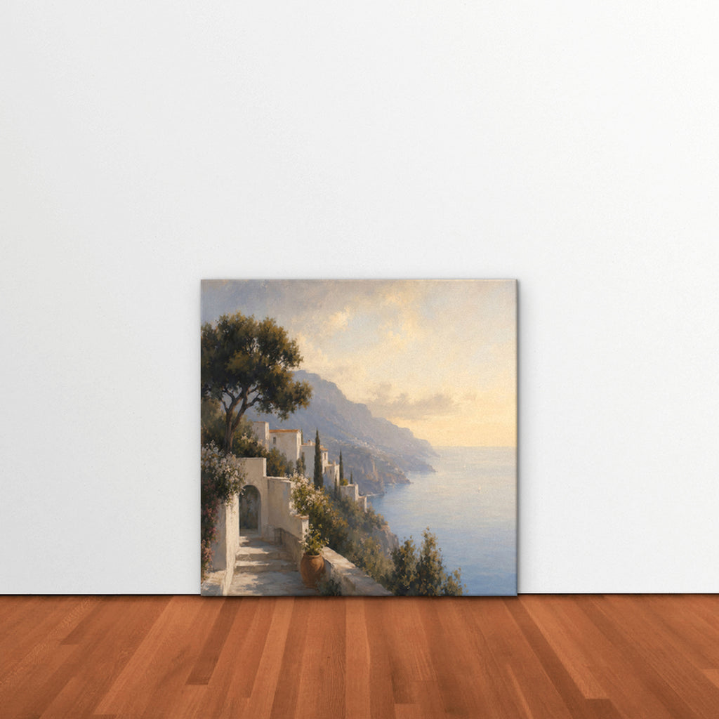 Amalfi Coast Path Canvas Art – square Amalfi coast landscape print as a gallery-wrapped canvas leaning against a white wall
