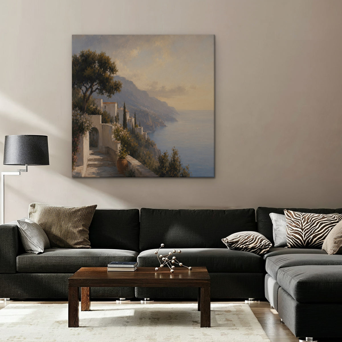 Amalfi Coast Path Canvas Art – square Amalfi coast landscape print as a gallery-wrapped canvas in a taupe living room