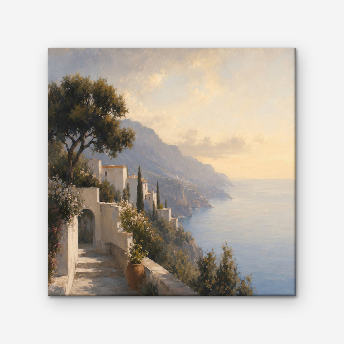 Amalfi Coast Path Canvas Art – square Amalfi coast landscape print as a gallery-wrapped canvas on a white background