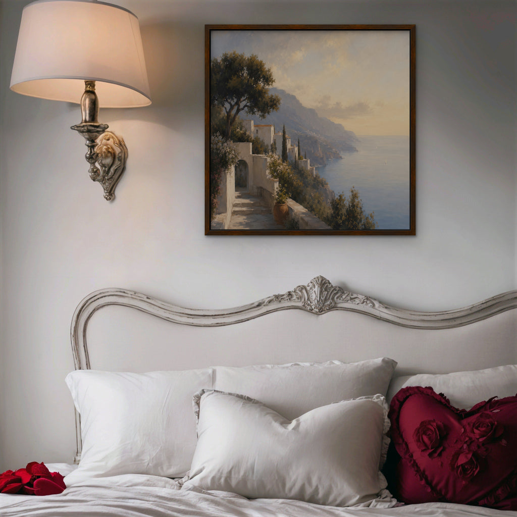 Amalfi Coast Path Canvas Art – square Amalfi coast landscape print in a walnut floating frame in a bedroom