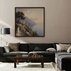 Amalfi Coast Path Canvas Art – square Amalfi coast landscape print in a walnut floating frame in a taupe living room