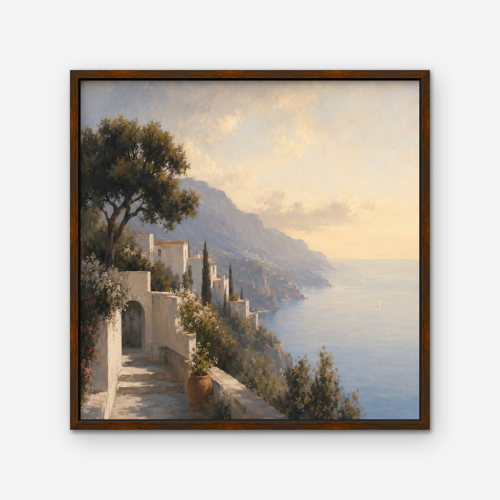 Amalfi Coast Path Canvas Art – square Amalfi coast landscape print in a walnut floating frame on a white background