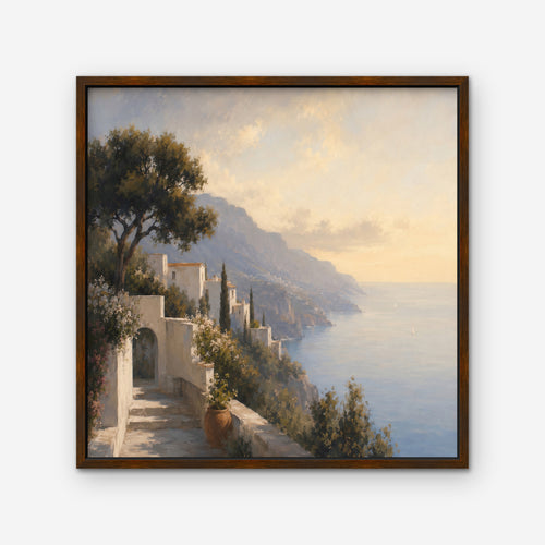 Amalfi Coast Path Canvas Art – square Amalfi coast landscape print in a walnut floating frame on a white background