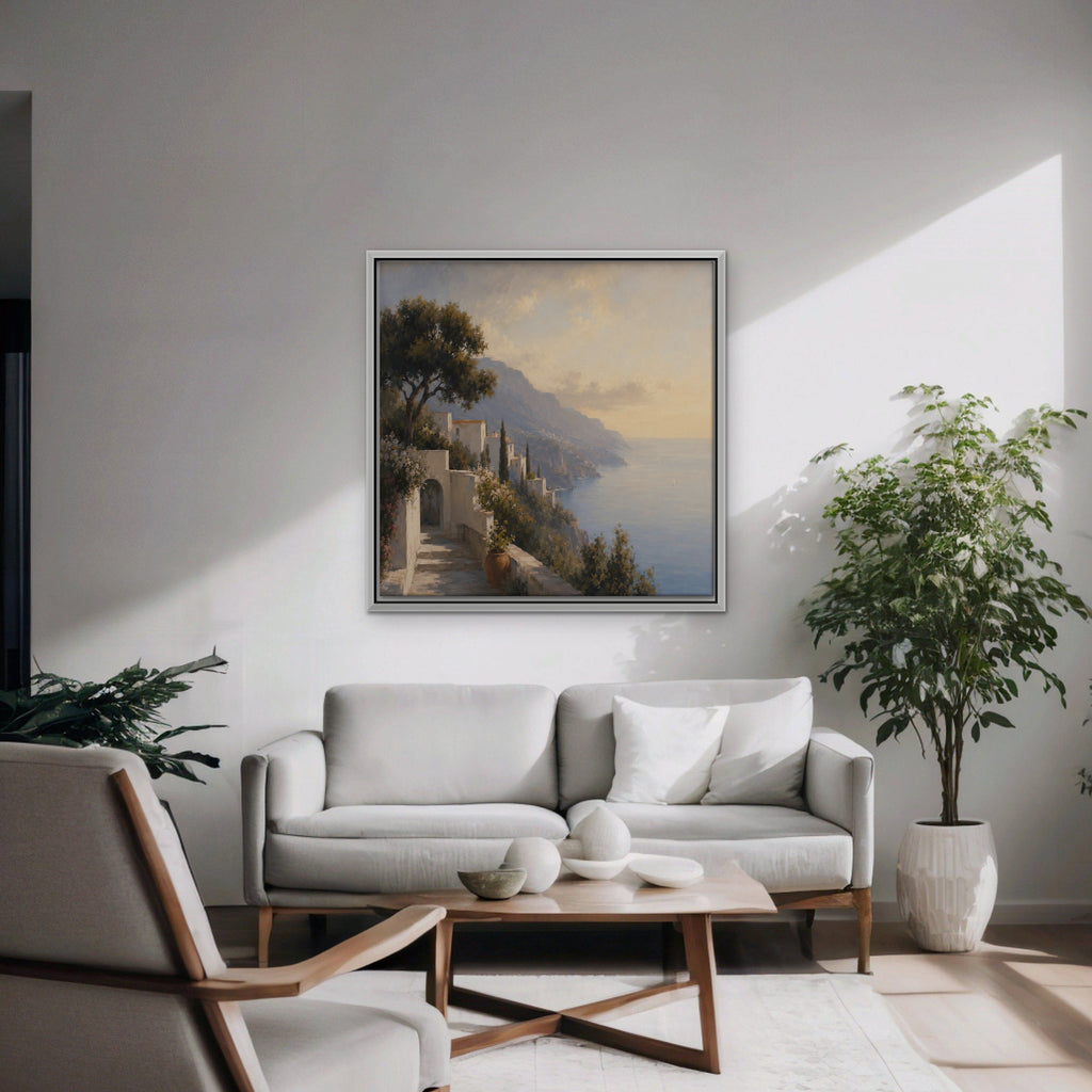 Amalfi Coast Path Canvas Art - Square – White Floating Frame in room setting