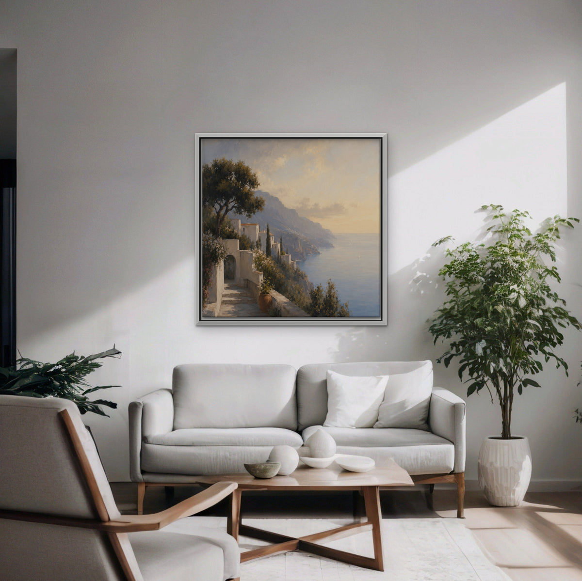 Amalfi Coast Path Canvas Art - Square – White Floating Frame in room setting