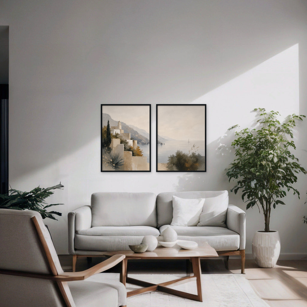 Amalfi Coastline Canvas Art – set of 2 vertical Amalfi coastline landscape prints in a black floating frame in a modern living room