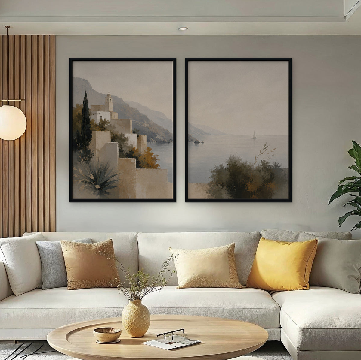 Amalfi Coastline Canvas Art – set of 2 vertical Amalfi coastline landscape prints in a black floating frame in a bright living room