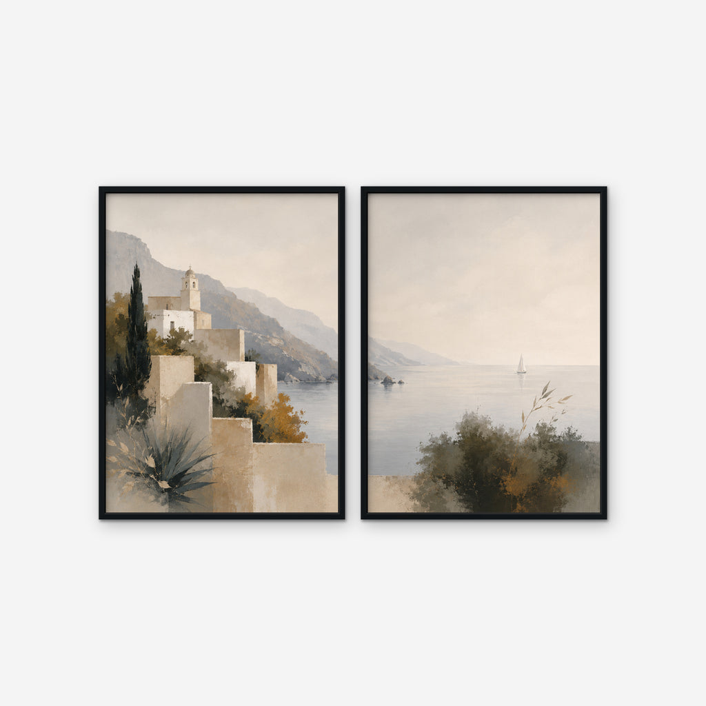 Amalfi Coastline Canvas Art – set of 2 vertical Amalfi coastline landscape prints in a black floating frame on a white background