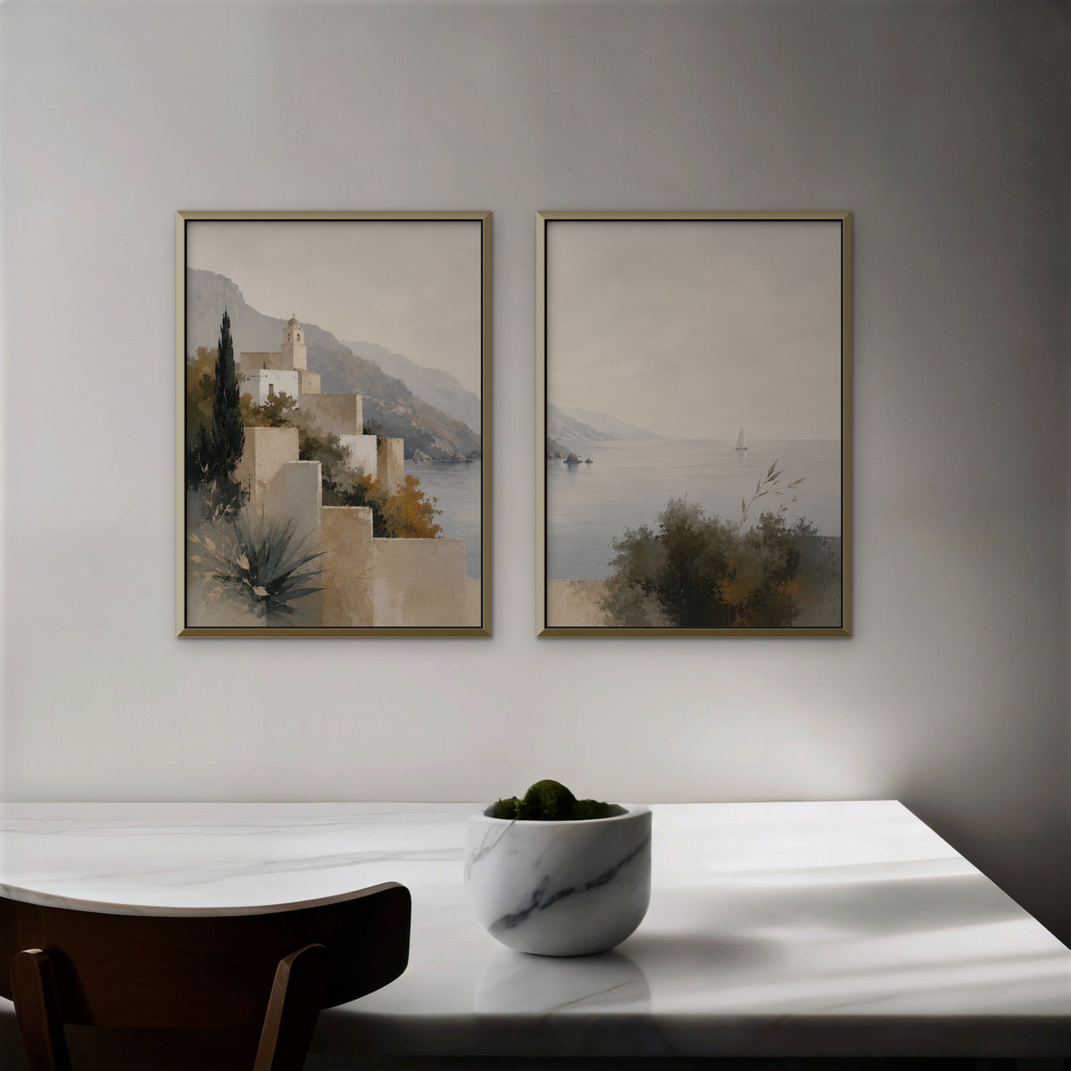 Amalfi Coastline Canvas Art – set of 2 vertical Amalfi coastline landscape prints in a gold floating frame in a dining room