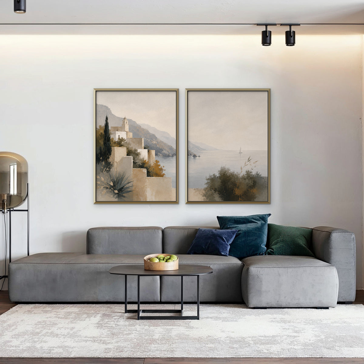 Amalfi Coastline Canvas Art – set of 2 vertical Amalfi coastline landscape prints in a gold floating frame in a living room with charcoal accents