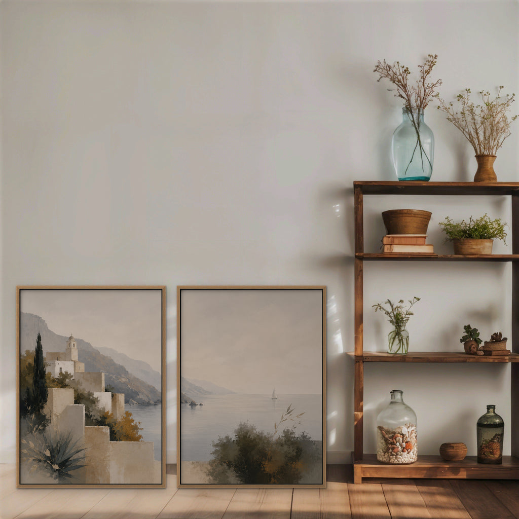 Amalfi Coastline Canvas Art – set of 2 vertical Amalfi coastline landscape prints in an oak floating frame styled on a shelf
