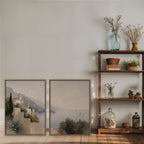 Amalfi Coastline Canvas Art – set of 2 vertical Amalfi coastline landscape prints in an oak floating frame styled on a shelf