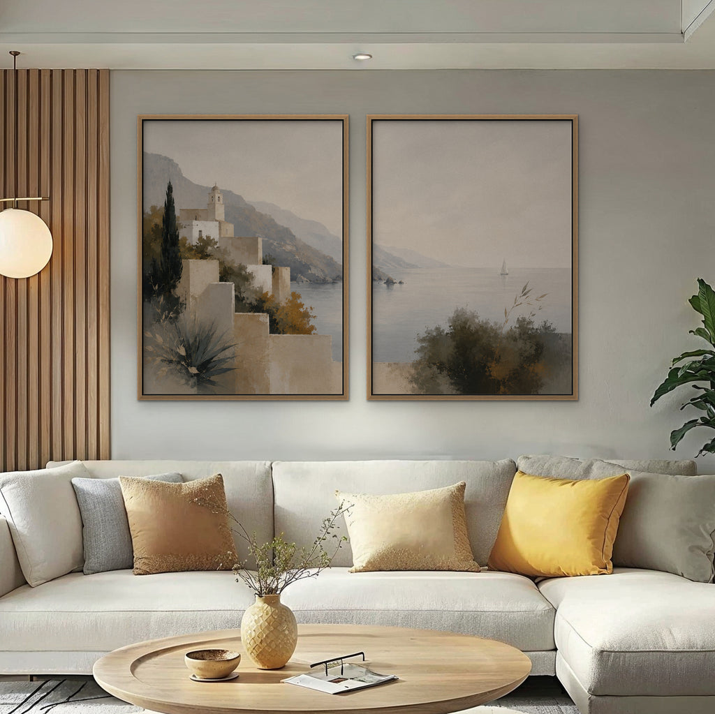 Amalfi Coastline Canvas Art – set of 2 vertical Amalfi coastline landscape prints in an oak floating frame in a bright living room