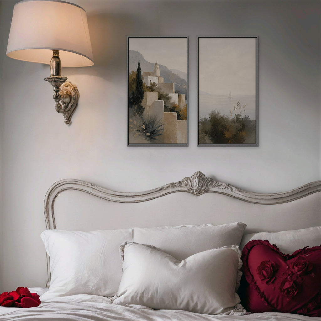 Amalfi Coastline Canvas Art - Set of 2 – Silver Floating Frame in room setting