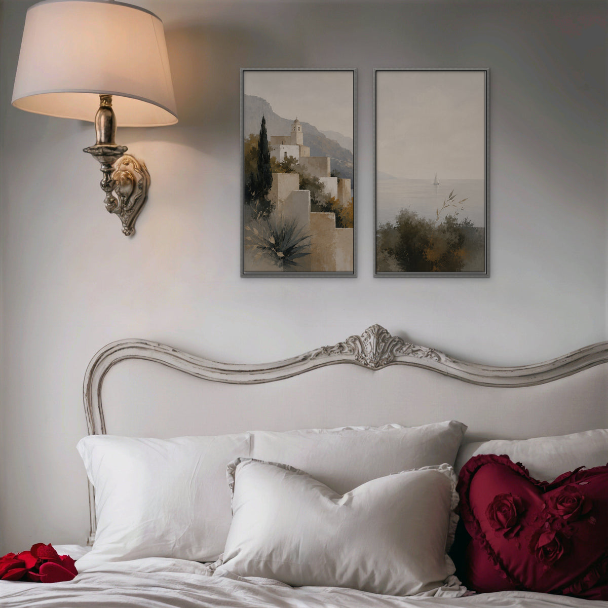 Amalfi Coastline Canvas Art - Set of 2 – Silver Floating Frame in room setting