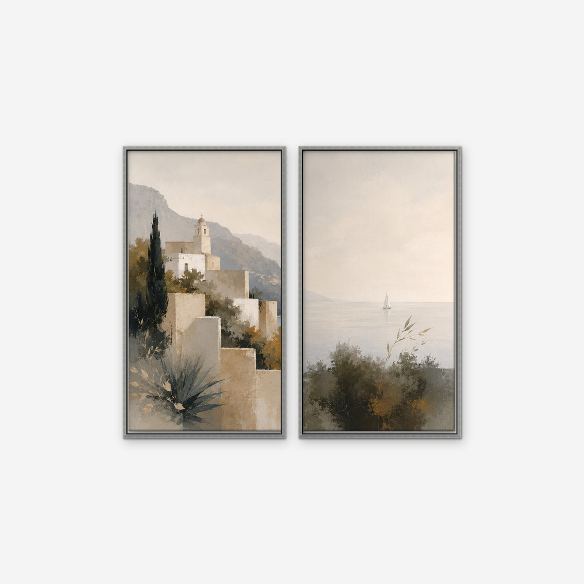 Amalfi Coastline Canvas Art - Set of 2 – Silver Floating Frame on white background