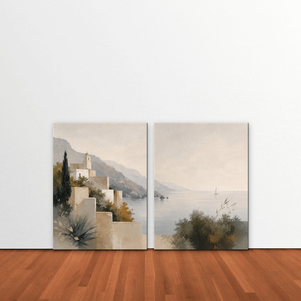 Amalfi Coastline Canvas Art – set of 2 vertical Amalfi coastline landscape prints as a gallery-wrapped canvas leaning against a white wall