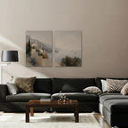 Amalfi Coastline Canvas Art – set of 2 vertical Amalfi coastline landscape prints as a gallery-wrapped canvas in a taupe living room