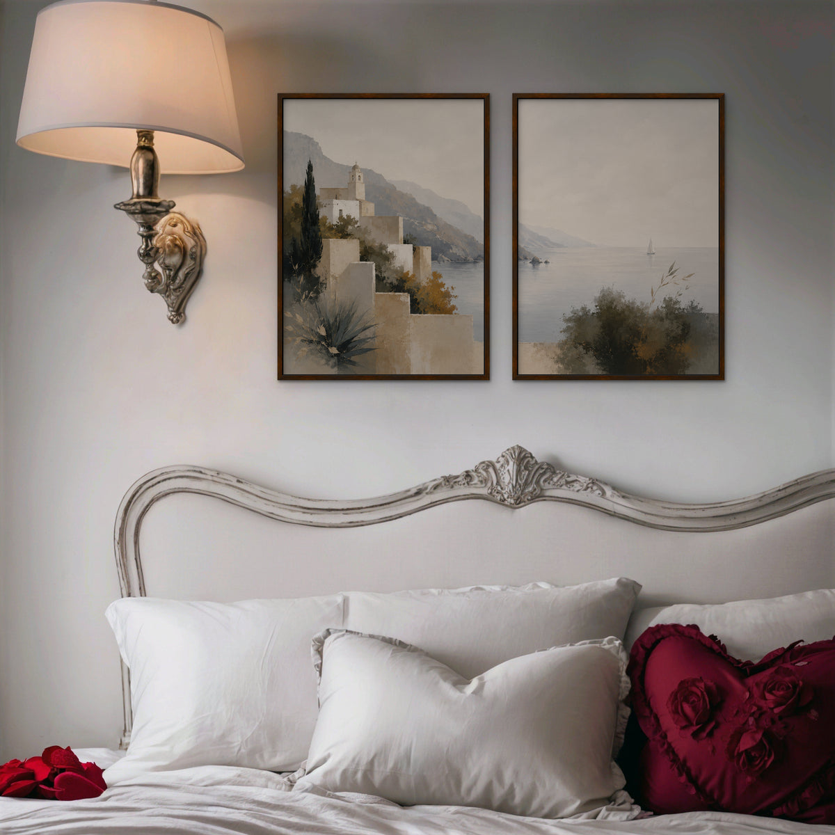 Amalfi Coastline Canvas Art – set of 2 vertical Amalfi coastline landscape prints in a walnut floating frame in a bedroom