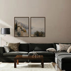 Amalfi Coastline Canvas Art – set of 2 vertical Amalfi coastline landscape prints in a walnut floating frame in a taupe living room
