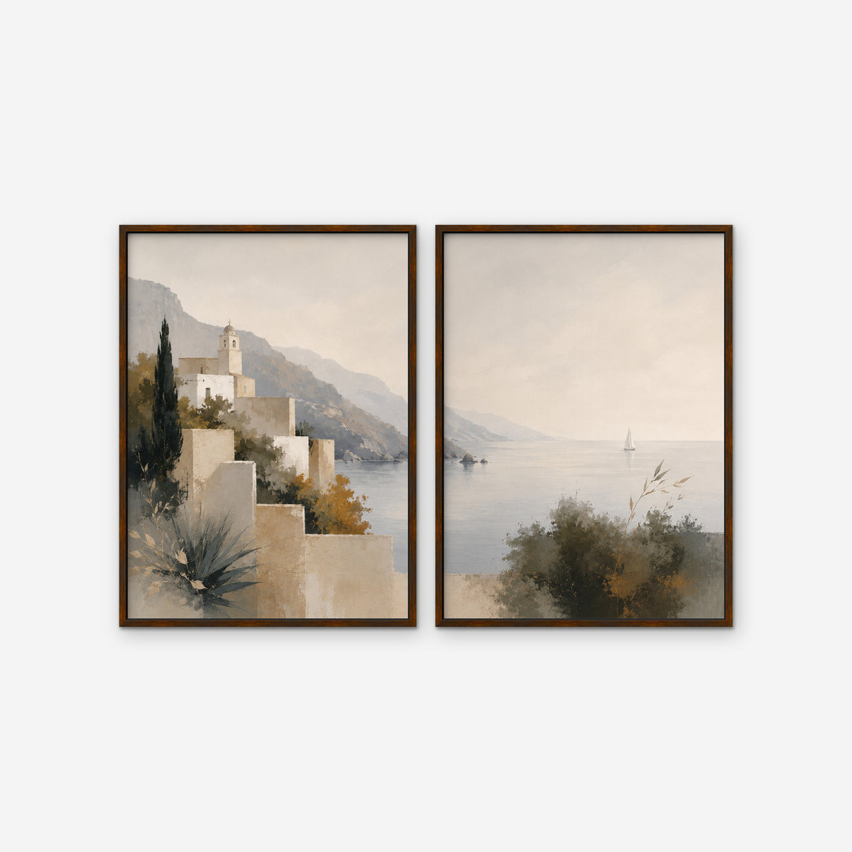 Amalfi Coastline Canvas Art – set of 2 vertical Amalfi coastline landscape prints in a walnut floating frame on a white background