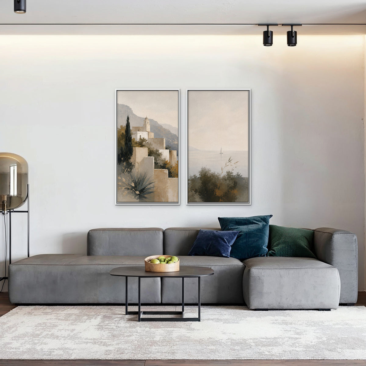 Amalfi Coastline Canvas Art - Set of 2 – White Floating Frame in room setting
