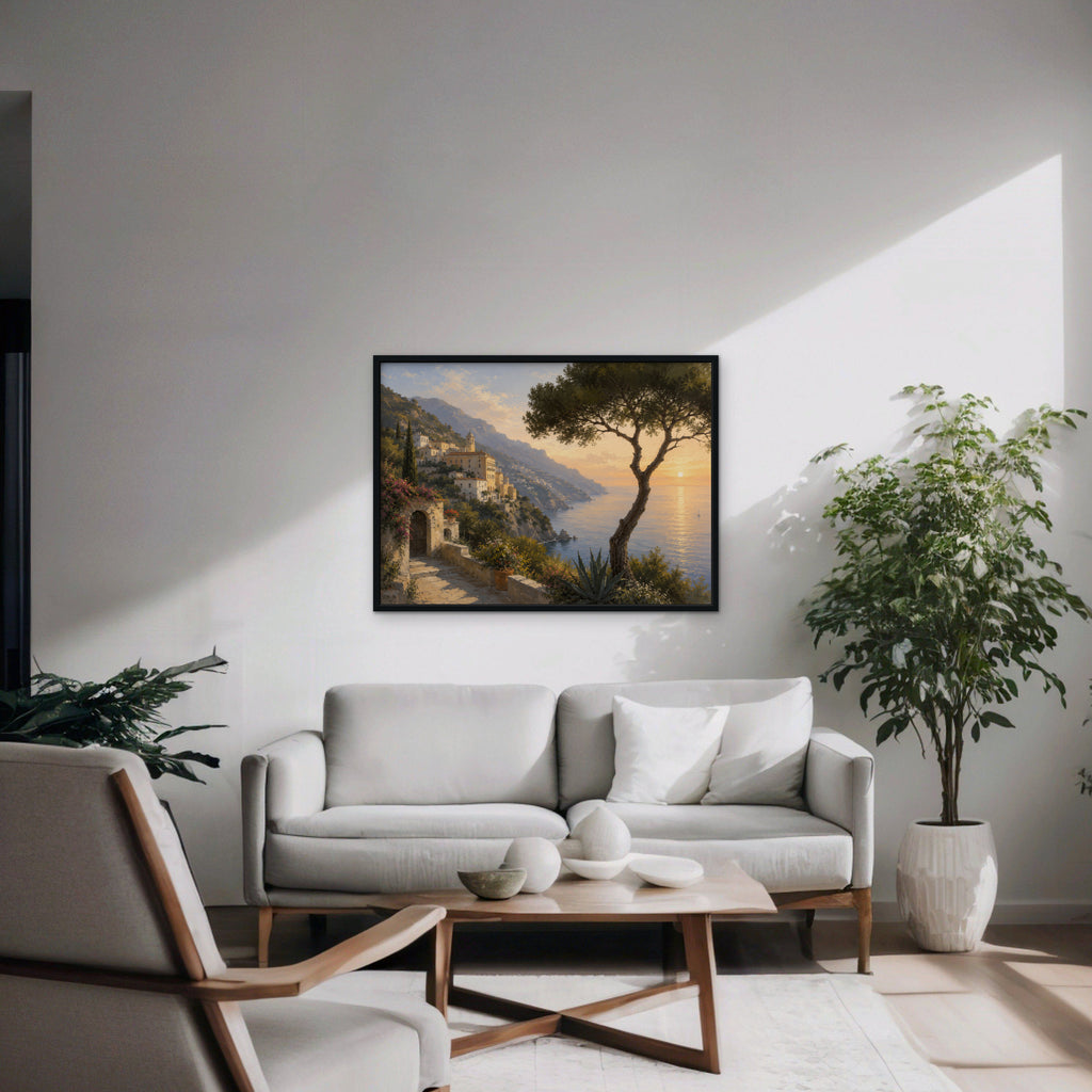 Amalfi Pine Sunset Canvas Art – horizontal Amalfi sunset landscape print in a black floating frame in a modern living room