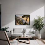 Amalfi Pine Sunset Canvas Art – horizontal Amalfi sunset landscape print in a black floating frame in a modern living room