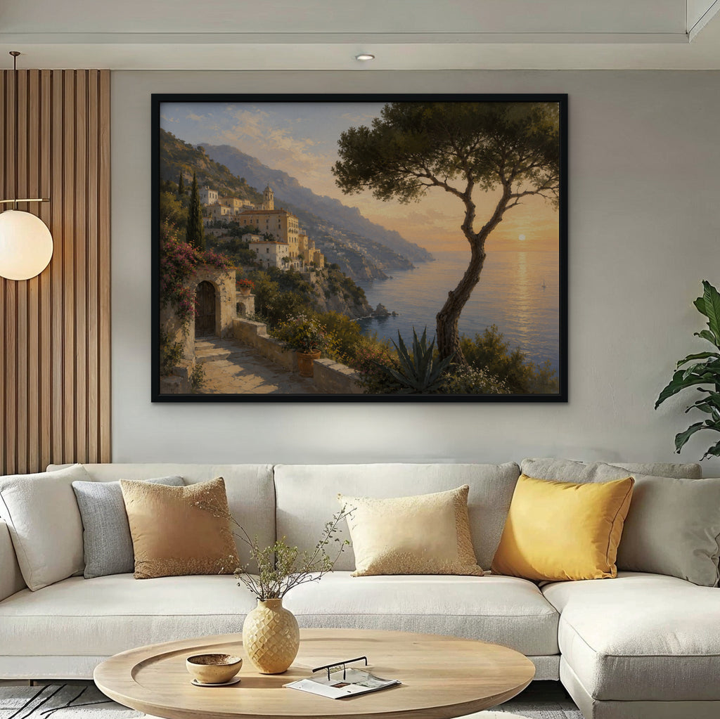 Amalfi Pine Sunset Canvas Art – horizontal Amalfi sunset landscape print in a black floating frame in a bright living room