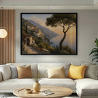 Amalfi Pine Sunset Canvas Art – horizontal Amalfi sunset landscape print in a black floating frame in a bright living room