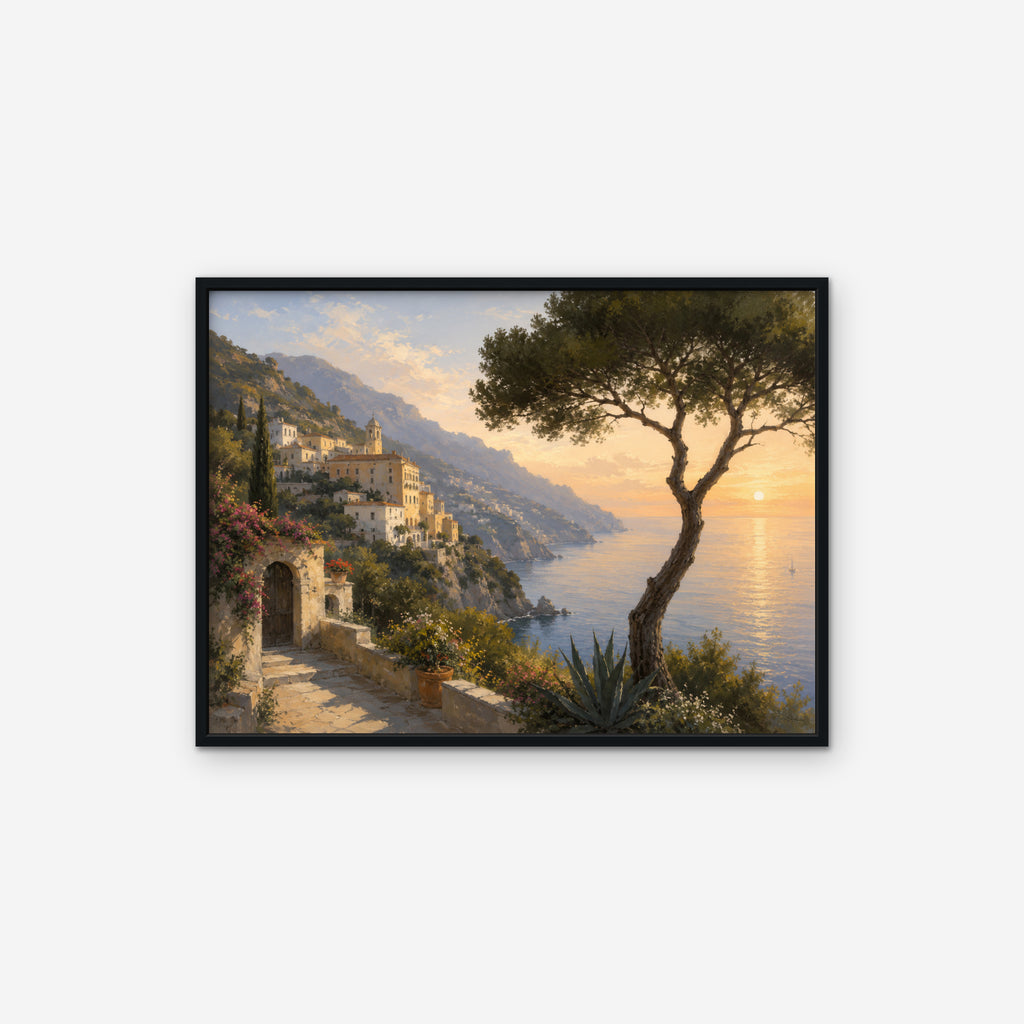 Amalfi Pine Sunset Canvas Art – horizontal Amalfi sunset landscape print in a black floating frame on a white background