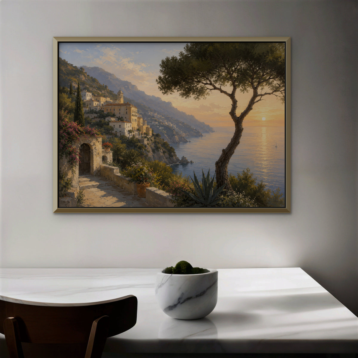Amalfi Pine Sunset Canvas Art – horizontal Amalfi sunset landscape print in a gold floating frame in a dining room