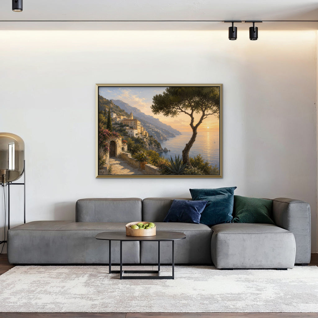 Amalfi Pine Sunset Canvas Art – horizontal Amalfi sunset landscape print in a gold floating frame in a living room with charcoal accents