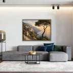 Amalfi Pine Sunset Canvas Art – horizontal Amalfi sunset landscape print in a gold floating frame in a living room with charcoal accents