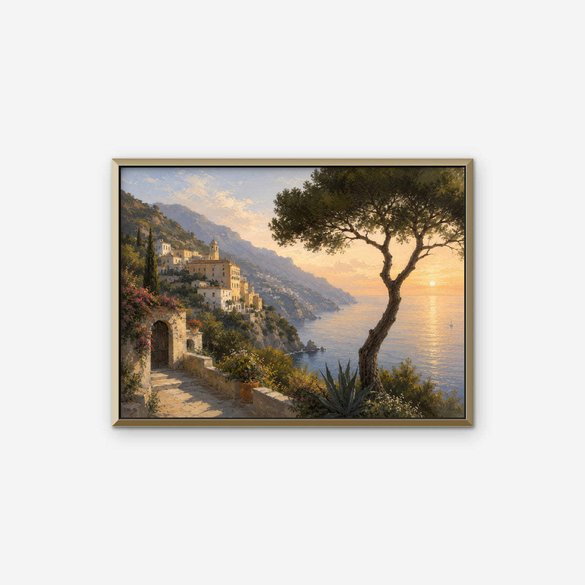 Amalfi Pine Sunset Canvas Art – horizontal Amalfi sunset landscape print in a gold floating frame on a white background