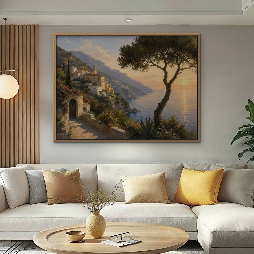 Amalfi Pine Sunset Canvas Art – horizontal Amalfi sunset landscape print in an oak floating frame in a bright living room